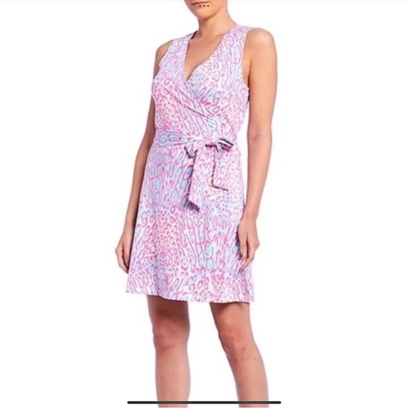 JB by Julie Brown Pink & Blue Lizzy Meow Leopard Print Wrap Dress XS New W/Tags - Picture 1 of 16
